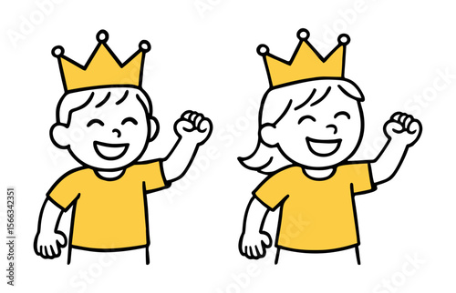 Boy And Girl with Yellow Crown and T-Shirt. Happy Child Character, Joyful Pose, Simple Doodle Line Art, Hand-Drawn Vector Illustration