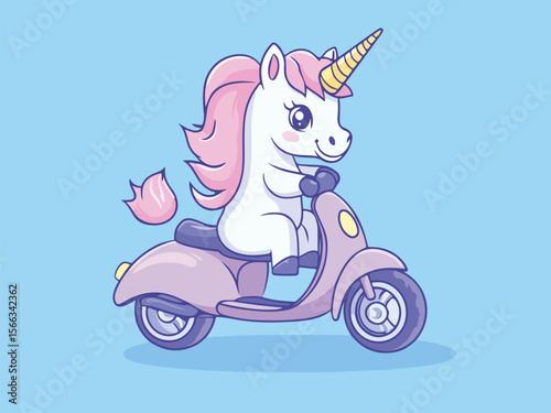 Cute Unicorn Riding a Purple Scooter Cartoon Illustration on a Light Blue Background