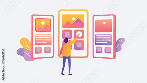 Person interacting with three stylized mobile app interfaces with a colorful design scheme and leaves