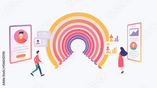 People interacting with data on mobile phones and walking through a colorful archway tunnel design