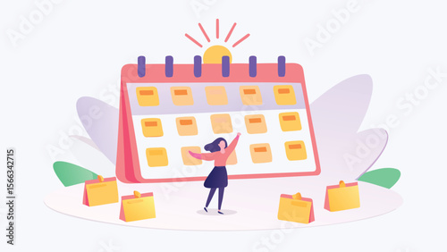 Illustration of a woman celebrating in front of a calendar with sun and sticky notes around her