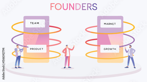Illustration of founders with team product market and growth connected by colorful lines in light setting