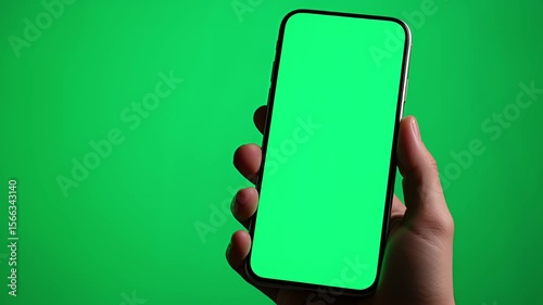 Hand Holding A Smartphone With Green Screen Display in Front of Green Background