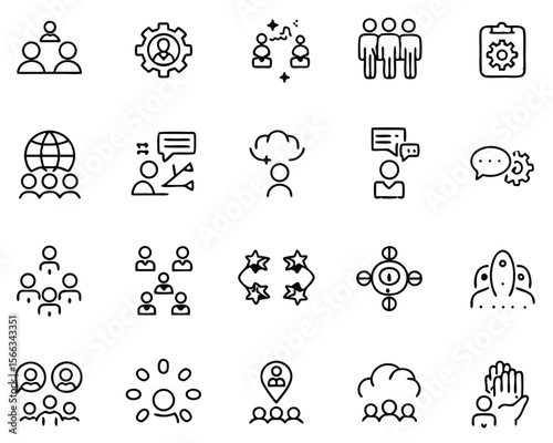 Abstract representation of a group of people engaged in a collaborative conversation conveying ideas and communication through stylized figures and speech bubbles