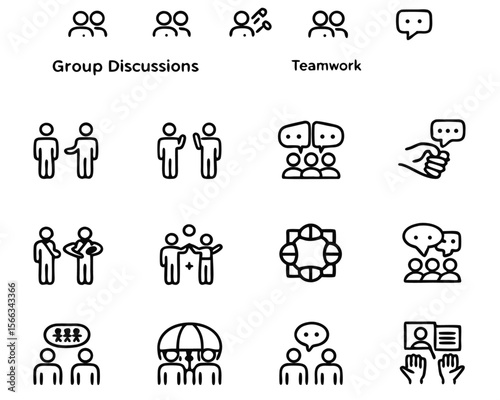 Visual representation of a group of people engaged in a lively discussion conveying collaboration and communication through distinct graphic elements and speech bubbles