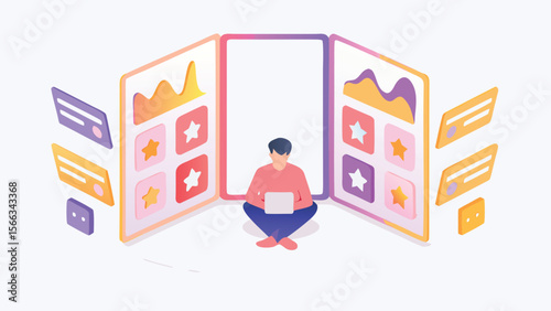 Person working on laptop surrounded by screens with charts and star icons in a digital space