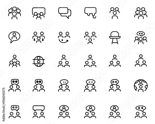 Collection of stylized graphic symbols representing individuals engaged in collaborative conversation and idea sharing suitable for digital platforms and presentations