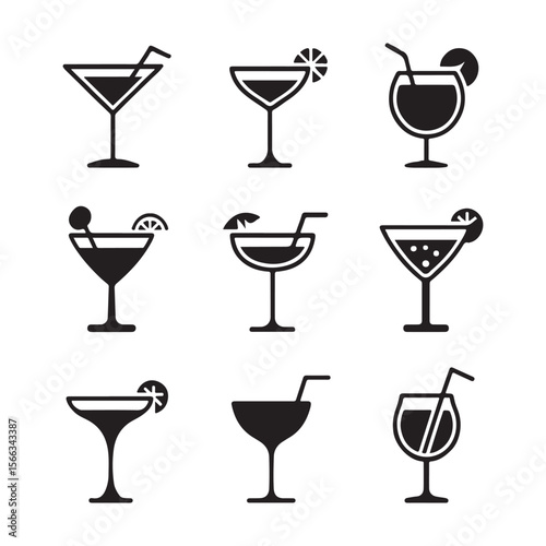 Stylish Cocktail Glass Icons Collection
