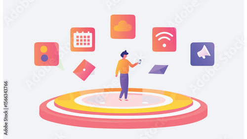 Person standing on platform surrounded by floating icons representing various applications and notifications