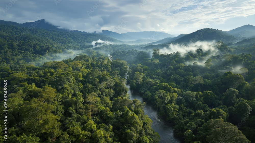 Fototapeta premium Lush Tropical Rainforest with Misty River and Mountain Range at Sunrise