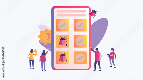Team working on mobile app testing with bugs and checkmarks displayed on the phone screen image