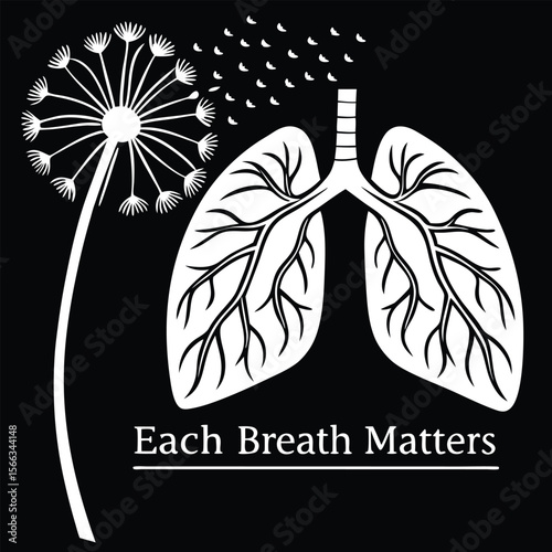 Symbolic White Lung and Dandelion Design with "Each Breath Matters" Text