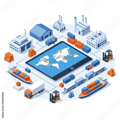 An isometric illustration of a global logistics network showcases factories, ships, trains, and trucks connected by a digital map, ideal for illustrating supply chain management.