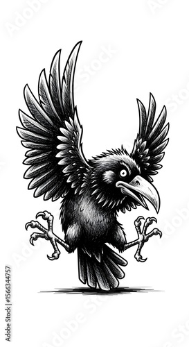 a drawing of a black crow bird doing a crazy pose against a solid white background. exaggerated low brow style art, fowl, weird, avian, surreal bird, bold lines, stylized, character art, cartoon
