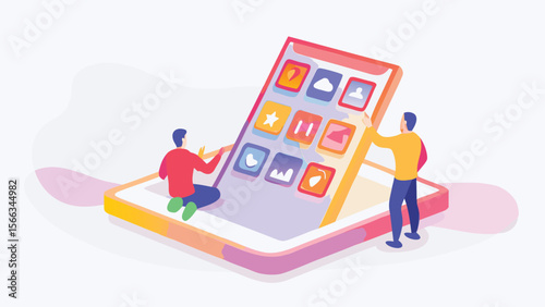 Two people interacting with a large smartphone interface with colorful app icons displayed on the screen