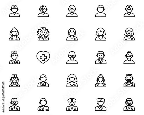 Thin line professional symbols for medical careers and employment opportunities featuring clean outlines and editable strokes for versatile application in digital and print media