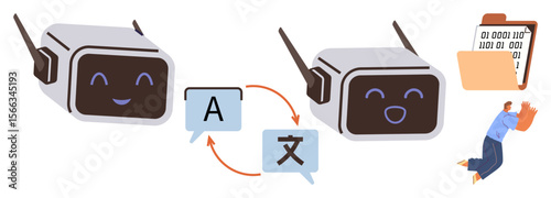 Two chatbots exchanging speech bubbles with language icons and arrows, clipboard with binary code, dynamic person. Ideal for AI, translation, communication, innovation, language, technology