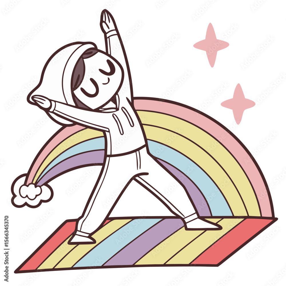 Obraz premium Yoga Pose Character on Rainbow Mat - Playful Sticker Style Design for Mindfulness, Wellness Brands & Yoga Enthusiasts