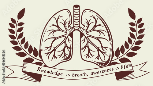 Anatomical Illustration of Human Lungs with Laurel Wreath and Banner
