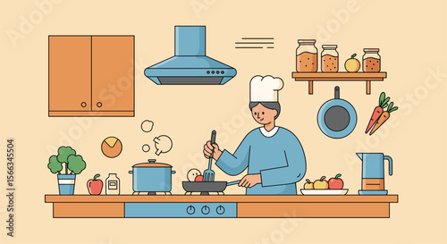 A chef skillfully prepares a delicious meal in a modern well-equipped kitchen setting