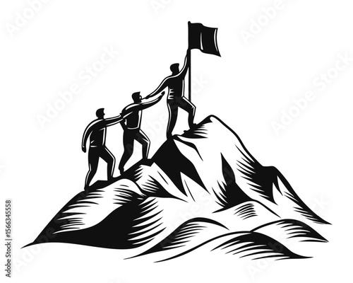 Silhouetted companions ascend a rugged mountain peak together symbolizing teamwork achievement and reaching a summit with a clear sky backdrop
