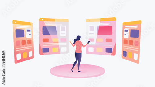 Woman standing on platform surrounded by floating web page designs in a stylized illustration