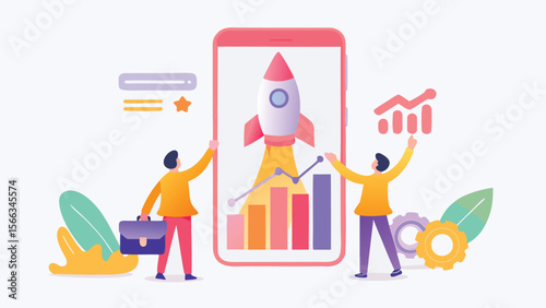 Illustration of a rocket launching from a phone screen with two people and charts and graphs shown