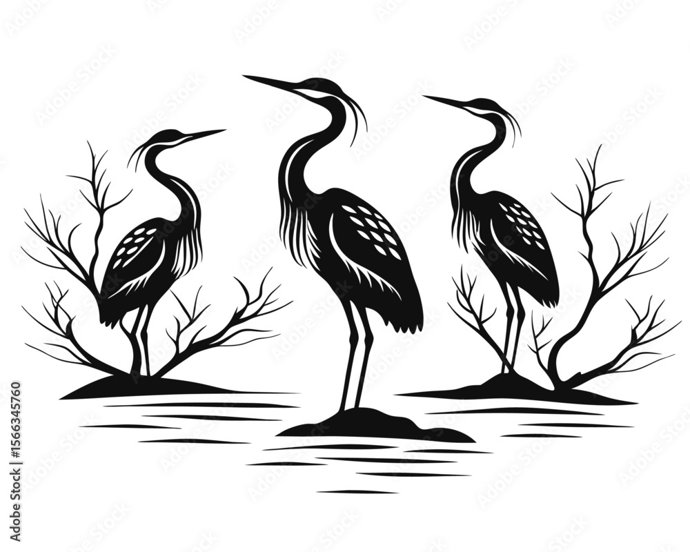 Obraz premium Elegant silhouettes of graceful herons in flight and standing showcasing their distinctive forms against a clean backdrop perfect for nature themed projects