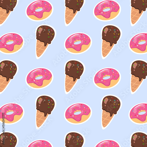 Donut and ice cream seamless pattern. Chocolate ice cream and strawberry glaze donut. Tasty and sweet desert. Can be used for print, wallpaper, paper wrapping and fashion fabric