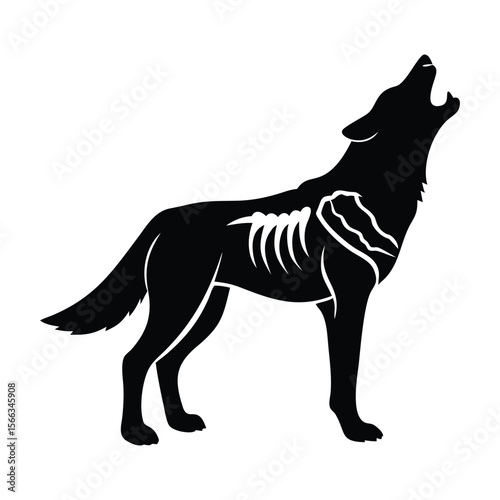 Striking silhouette of a howling wolf with exposed ribs, ideal for wildlife, fantasy, or tattoo art. Bold black and white design perfect for posters, logos, or t-shirts