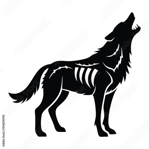Dynamic silhouette of a howling wolf with exposed ribs, perfect for wildlife, fantasy, or tattoo art. Bold black and white design ideal for logos, posters, or t-shirts
