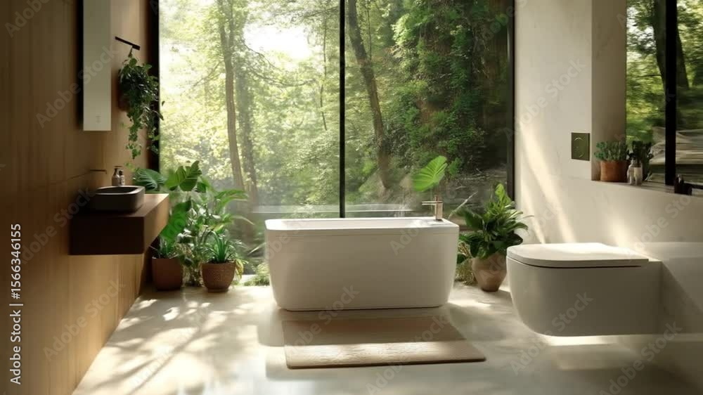 Modern bathroom with forest views.  Spacious, minimalist design featuring a freestanding tub, vanity, and toilet, all in a light neutral palette.  Sunlight streams in through large windows,