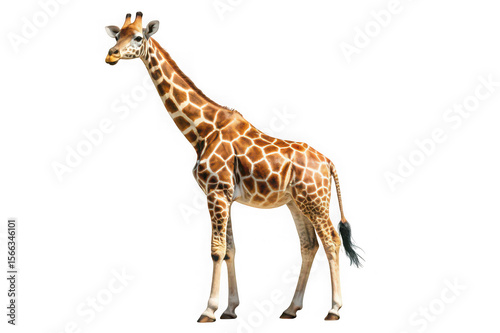 A full body shot of a giraffe standing against a black background
