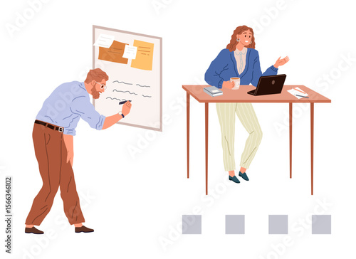 Two colleagues exchanging ideas, one writing on a whiteboard, the other at a desk with a laptop. Ideal for teamwork, brainstorming, planning, coworking, education, office culture productivity
