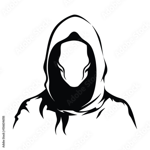 Mysterious black silhouette of a hooded figure with a faceless mask, ideal for dark, fantasy, or gaming designs. High-quality vector illustration