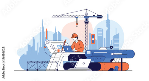 Modern urban construction site with engineer utilizing advanced technology for project management and development