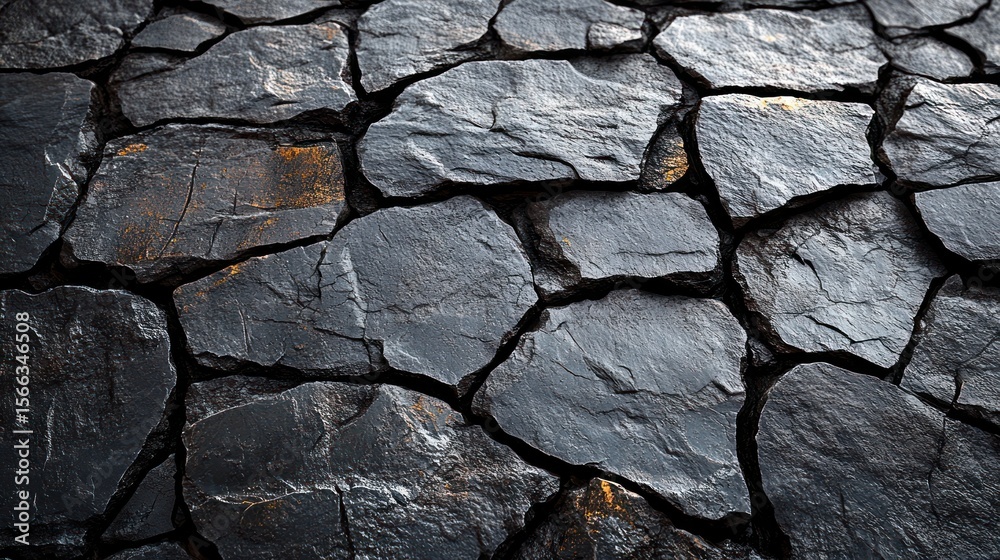 Fototapeta premium Natural textures of dark volcanic rock scattered across a rugged landscape