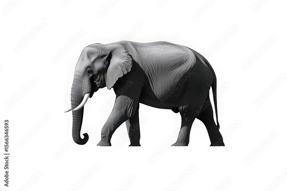 Obraz premium Majestic african elephant walking with tusk and trunk against white background