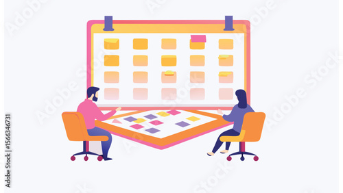 Two people planning with a large calendar and sticky notes in a collaborative environment setting