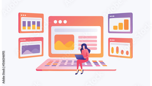 Woman sitting on a giant keyboard surrounded by browser windows with charts and data displays