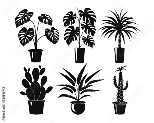 Collection of elegant black and white botanical outlines showcasing various potted indoor greenery for home decor and design projects