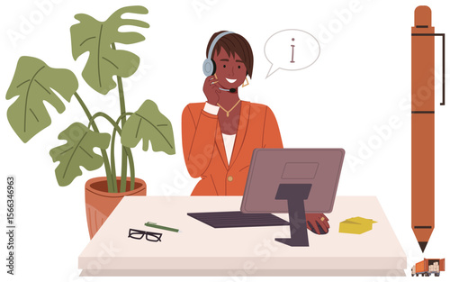 Woman wearing headset, smiling while working at computer, surrounded by desk items and a potted plant. Ideal for customer service, communication, remote work, professionalism, office settings, help