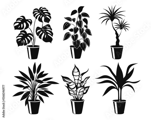 Collection of elegant silhouette designs featuring various indoor greenery and botanical arrangements for decorative applications and artistic projects