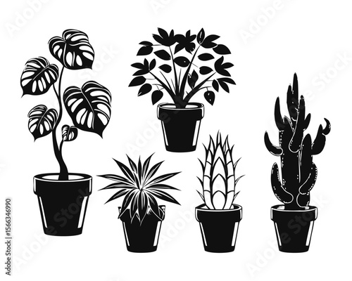 Collection of elegant silhouette designs featuring various houseplants and home botanical arrangements for decorative applications