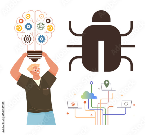 Man holding light bulb with cogs, symbolizing ideas. Black bug represents software glitch. Cloud, maps, and laptops convey interconnected data flow. Ideal for innovation, problem-solving, coding