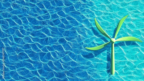 A green wind turbine stands against a vibrant blue textured background symbolizing clean energy and sustainability.