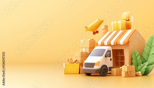 A small delivery van in front of a cardboard house with packages and a yellow airplane flying above, symbolizing logistics and shipping services.