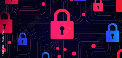 Digital illustration of red and blue padlocks connected by circuit-like lines symbolizing cybersecurity and data protection.