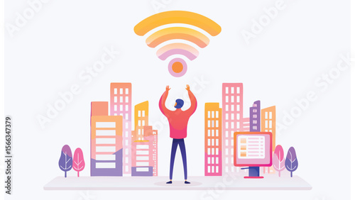 Illustration of a man reaching for wifi signal above a city with a computer screen nearby