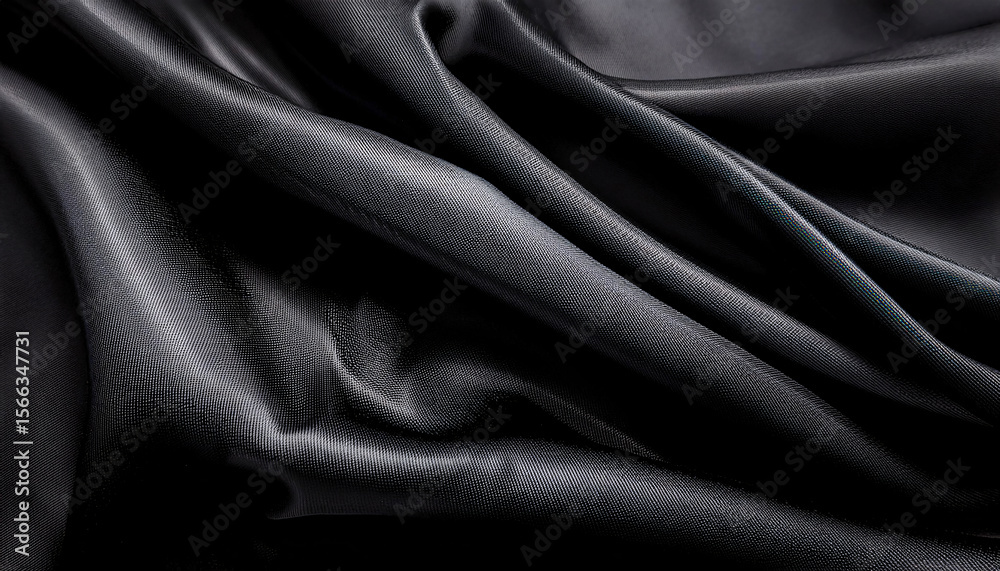 Fototapeta premium A close-up of black, shiny, and smooth fabric with intricate folds and textures, showcasing the material's luxurious and elegant appearance Generative AI